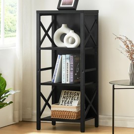 MNEETRUNG Small Bookcase,4 Tier Industrial Bookshelf with Metal Frame and Backboard,Narrow Black Book Shelf,Small Office Book case for Small Spaces,Living Room,Bedroom and Home Office
