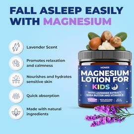 Locin de magnesio para nios, crema relajante de magnesio con lavanda, manteca de karit, aloe vera, ingredientes 100 naturales (4 onzas, sin perfume)  