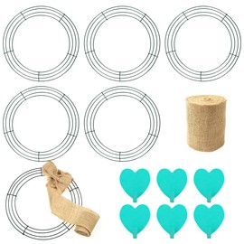 6 Pack Wire Wreath Frame 10 Inch Metal Wreath-Form Ring for Crafts with 6 Adhesive Hooks and 3.3 Yard Burlap, Front Door Christmas New Year Valentines Wedding Decoration
