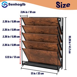 Senhoglb File Folder Organizer, 6-Tier Mesh Hanging File Organizer Wire Magazine Rack Wall Mount File Holder With Trays Wood Document Organizer Mail Organizer Wall Mounted for Office Home, Brown