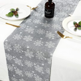 Cekene Christmas Table Runner Grey 28x275cm Linen Winter Snowflake Xmas Table Cloth Runner Decorative Glitter Christmas Table Decoration for Dining Table Party Holiday Wedding