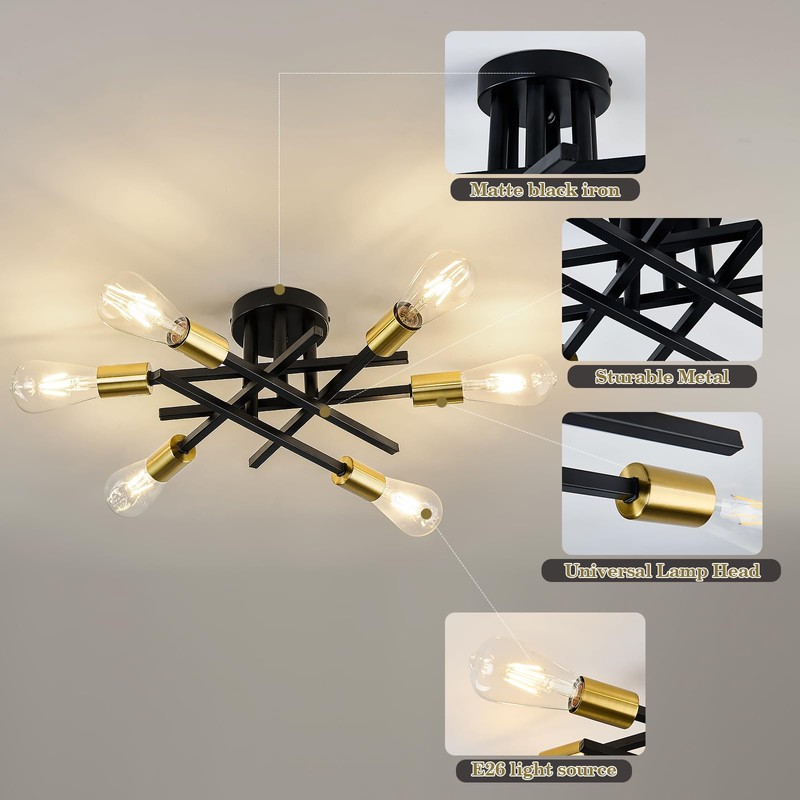 6-Lights Sputnik Semi Flush Mount Ceiling Light Fixture Modern Metal