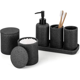 ZCCZ - Juego de 6 accesorios de baño de piedra negra, soporte para cepillo para polvo de dientes, dispensador de loción, contenedor Qtip, bandeja de cambiador, vaso, organizador de encimera para baños