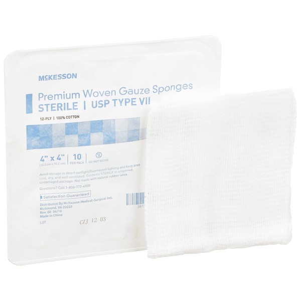 McKesson Premium Woven Gauze Sponges, Sterile, 12-Ply, USP Type VII, 100% Cotton, 4 in x 4 in, 10 Per Pack, 128 Packs, 1280 Total