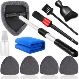 Qydipclin 10pcs Windshield Cleaning Tool Inside Car Window Cleaner Wash Kit with 4 Reusable Microfiber Pads 1 Spray Bottle and Extendable Handle Interior Auto Glass Wiper Kit, Gray