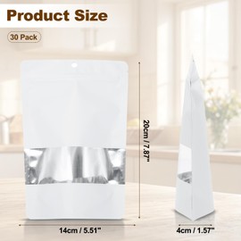 PATIKIL 5.51x7.87 in Stand Up Pouch Bags, 30 Pack Resealable Matte Metallic Aluminum Foil Bags Pouches with Clear Window and Zip for Food Storage Snack Packaging, White
