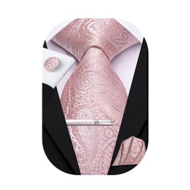Hi-Tie Classic Mens Silk Ties Set 4 PCS Necktie Pocket Square Cufflinks Clip Pin Solid Strip Paisley Tie,Pale Pink