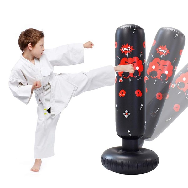 JanTeelGO Punching-Ball 120cm, Gonflable de Boxe pour Enfants, Sac de Frappe Remise en Forme à Rebond immédiat, pour la Pratique du karaté Taekwondo MMA (Noir-E, 120cm)