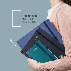 POPRUN 2026 Pocket Planner Week to View 3.5" x 6.5" Hardcover - Small Daily Weekly Monthly Calendar with Elastic Closure, Pen Holder, Ivory Paper - Black