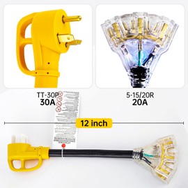 30 Amp to 20Amp 110V RV Generator Adapter Cord,NEMA TT-30P Male Plug to 3X5-15R/5-20R Female T-Blade Household Connectors with LED Indicator, 1 FT