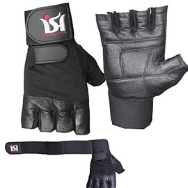 ISH Sports Leather Weight Lifting Gloves Long Wrist Wrap Gloves Power Lifting Lifter Padded Palm Exercise Fitness Strengthen Gloves Home Gym (2XL)
