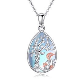 YAFEINI Moonstone Tree of Life Necklace S925 Sterling Silver Cat/Hummingbird/Fox/Owl/Axolotl/Wolf/Angel Moonstone Necklace Pendant Jewellery Gift for Women Girls, Sterling Silver, Moonstone