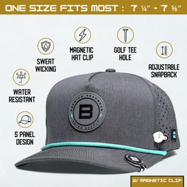 BRIMZ Golf Performance Hat - Breathable Sweat & Water Resistant Golfing Snapback Cap with Tee Holder & Magnetic Ball Marker (Heather Grey - Cyan)