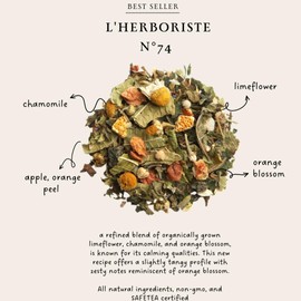 Palais des Thés - Organic L'Herboriste N°74 - Premium Gourmet Herbal Tea with Limeflower, Chamomile, and Orange Blossom - 20 Count Biodegradable Cotton Tea Bags Box