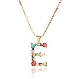 Eben-Ezer 18K Gold Box Chain Choker Initial Necklace Multi-Color Zircon Letter Pendant Script Name Custom Necklace for Women Gift Alphabet 26 A-Z(E)