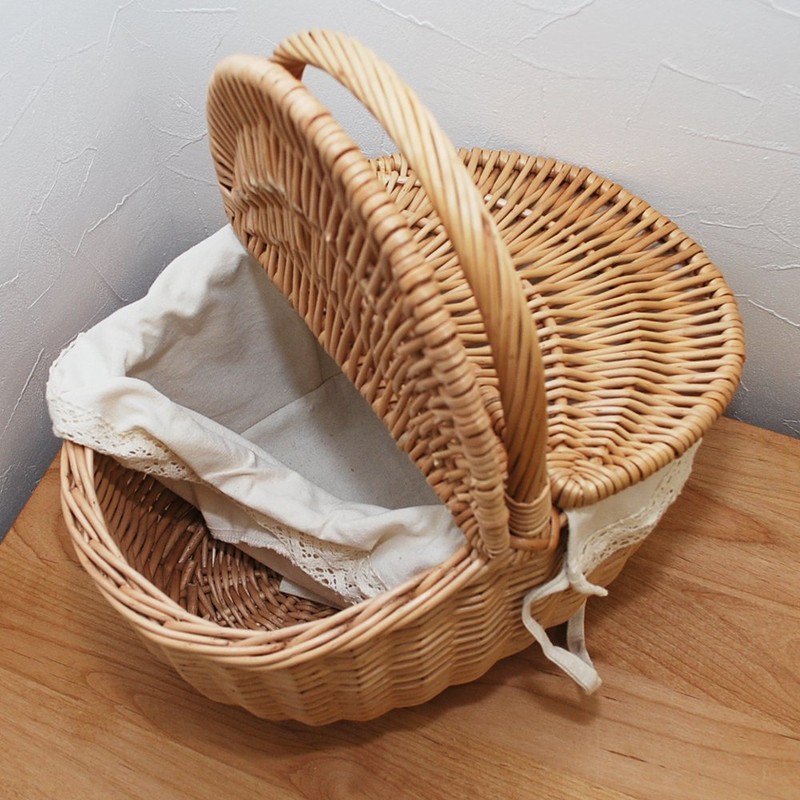 [メルカド かご収納雑貨の店]フタ付き ウィッカー ピクニック バスケット (レース)