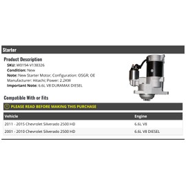 Marketplace Auto Parts Starter - Compatible with 2001-2015 Chevy Silverado 2500 HD 6.6L V8 Duramax Diesel