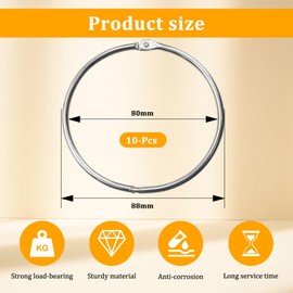 Pack of 10 80 mm Goods Ring Large Metal Ring Versatile Book Binding Rings with Quick Release Key Ring with Open for Hanging Shower Curtain Clothes Loose Leaf Scrapbook (Silver)