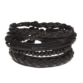 Stands Out, Supplying Outstanding Gifts Unisex Mens Womens Whirlybird Stacker Black Beaded Leather Bracelet Wide Multi Row Layer Stack Wristband