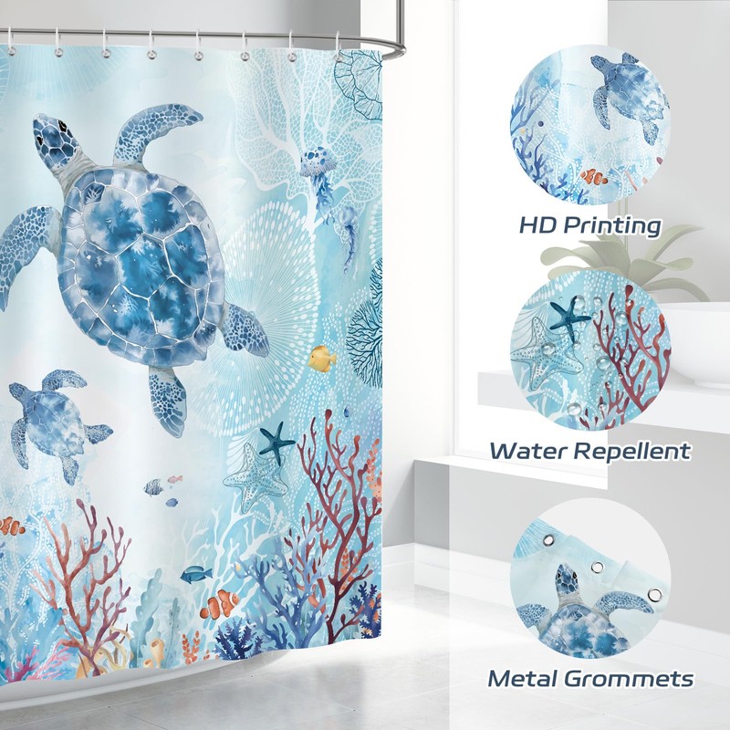 Dazzlewall Sea Turtle Shower Curtain, 180 x 180 cm, Blue