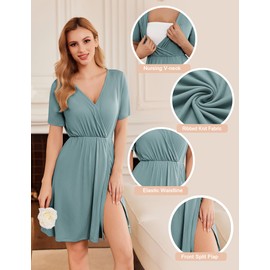 Ekouaer Maternity Nursing Dress V Neck Short Sleeve Breastfeeding Dresses Ribbed Knit Pregnancy Clothes Celadon Green L