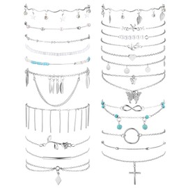 Drperfect 21 Pcs Ankle Bracelets for Women Silver Gold Plated Anklets Bracelets Boho Adjustable Anklet Heart Infinite Link Chain Layered Anklet Foot Jewelry Set for Summer Beach