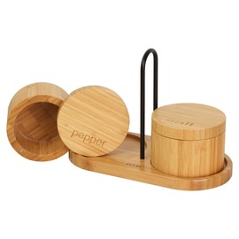 Salt Container with Lid, Tray and Spoon, Bamboo Salt Jar, Salt Barrel with Magnetic Swivel Lid for Herbs or Spices, Salt Cellar 237 ml, Pack of 2