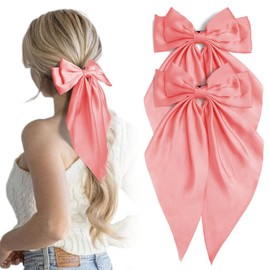 2Pcs Watermelon Red Hair Bows Long Tail Satin Bow Hair Clips Large Silky Ribbon Bow for Hair Ponytail Holder with Metal Clip Coquette Valentine's Day Hair Barrettes Accessories Gifts for Women Girls