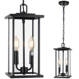 LuxiGlowra Large 16" Outdoor Pendant Lantern, 2-Light Black Modern Exterior Hanging Light Fixture, Adjustable Chain, Waterproof Outdoor Chandelier for Porch, Entryway, Doorway, 1-Pack