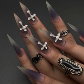 BABALAL Long Stiletto Press on Nails Almond Fake Nails Supplies Black Goth Nails Glue on 3D Metallic Cross Charm Acrylic Nails Y2k Thick False Nails Art 24Pcs Handmade Matte Artificial Nails Diy Nail