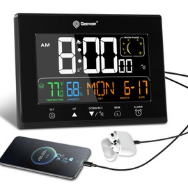 Geevon Digital Atomic Alarm Clocks for Bedrooms, Color VA Display Atomic Clock with Indoor Temperature and Humidity, DST, Dimmable Backlight, 2 USB Ports, Calendar, and Moon Phases