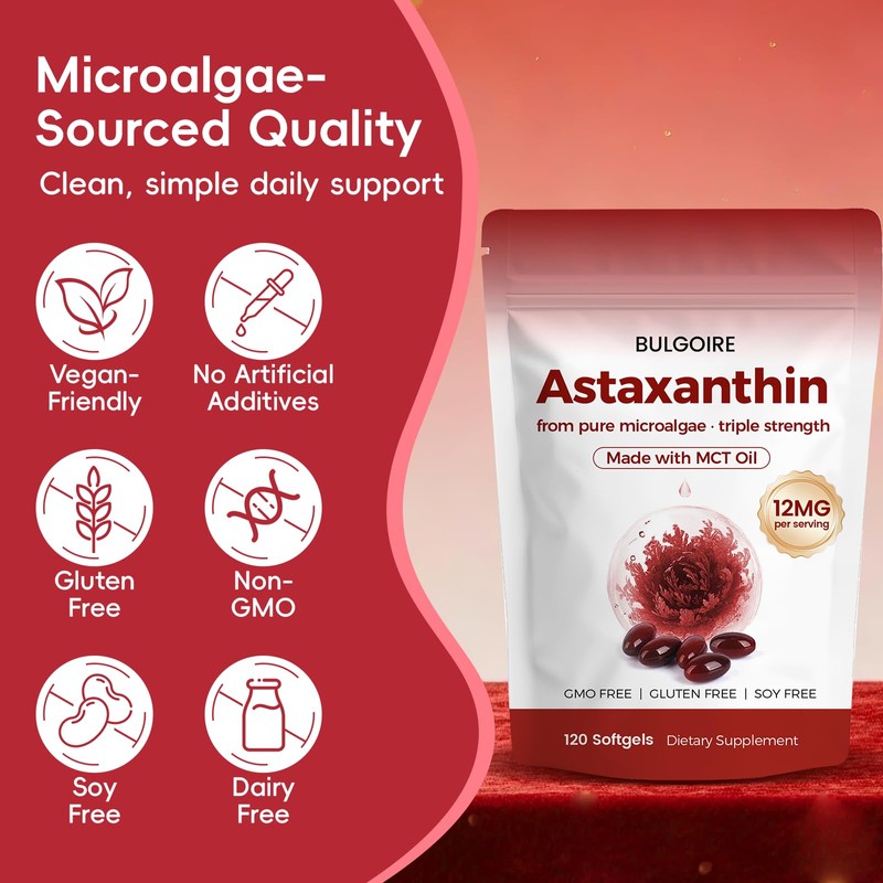 Astaxanthin 12mg with MCT Oil Softgels, Premium Astaxanthin Supplements Organic