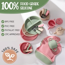 24 Pack Silicone Baby Feeding Set Baby LED Weaning Supplies Includes Suction Divided Plates Soft Bowl Spoons Forks Adjustable Bib Snack Cup and Straws(Dark Green, Beige, Light Pink)