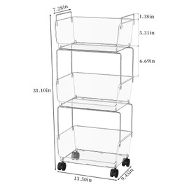 3 Tier Rolling Cart, Storage Shelf Organizer with Lockable Caster Wheels, Utility Organization for Bathroom, Kitchen, Office, Snack, Craft, Diaper, Transparent