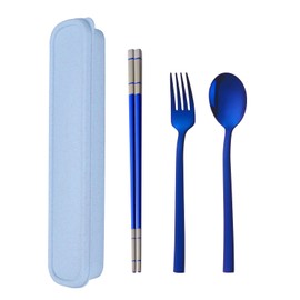 Travel Utensils, 18/8 Stainless Steel 4pcs Cutlery Set Portable Camp Reusable Flatware Silverware, Include Fork Spoon Chopsticks with Wheat Case (Blue)