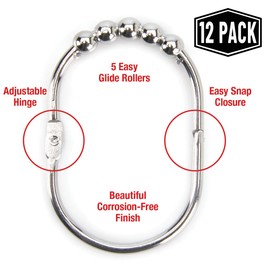 2LB Depot Wide Shower Curtain Rings / Hooks Set, Decorative Polished Chrome Finish, Easy Glide Rollers, 100% Rustproof Stainless Steel, Set of 12 Rings for Shower Rods