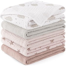 Susurration Muslin Cloths Baby Burp Cloths, Pack of 5, 100% Cotton Burp Cloths Baby for Boys and Girls, Soft, Breathable and Extremely Absorbent Muslin 60 x 60 cm (Pink Pentagram)