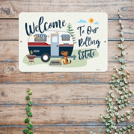Dyenamic Art Welcome to Our Rolling Estate - Camping Metal Sign - Vintage Camper, RV, Travel Trailer Decor - 8x12 in