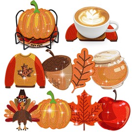 8 PCS Fall Diamond Art Coasters Thanksgiving Diamond Art Coasters Kits with Holder Pumpkin Maple Leaf DIY Coasters Rustic Coasters for Beginners, Adults, Kids, Diamond Art Crafts Supplies