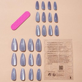 Cat Eye Press on Nails Medium Almond SWEKKE Fake Nails Gray Full Cover Solid Color Glue on Nails Flash Gray Glossy False Nails with Nail Glue Acrylic Manicure Artificial Nails for Women Girls 24Pcs