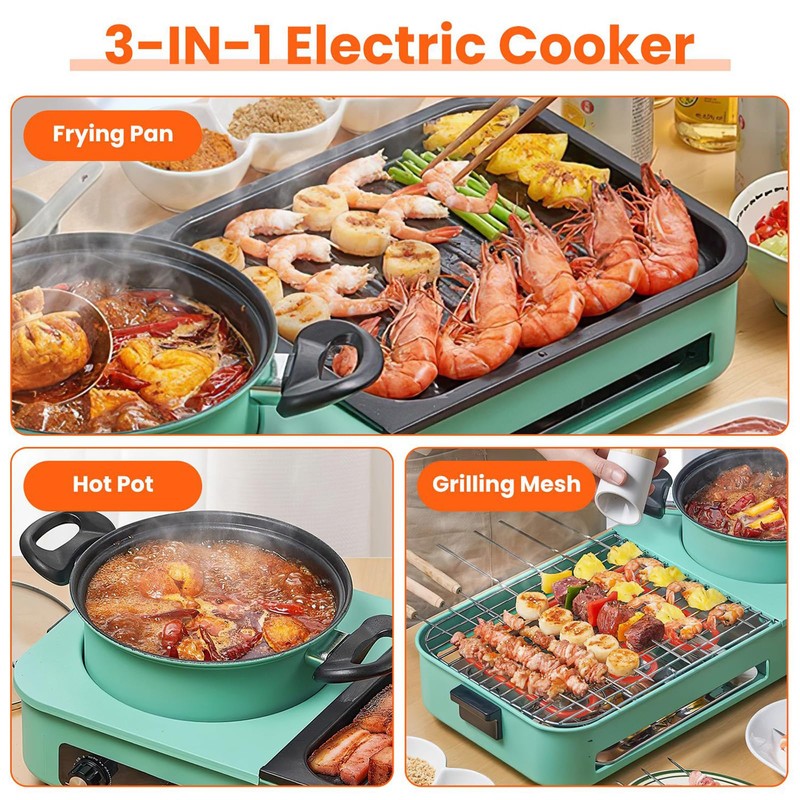 3 in 1 Electric Hot Pot with Grill, 1600W Smokeless