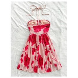 SOLY HUX Women's Tie Dye Cami Dress Halter Backless Sleeveless A Line Short Summer Dresses Sundress Red Floral Small