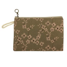 Emartbuy Set of 2 Floral Print Zipper Fabric Pouch With Lace details Multipurpose Make Up Pouch Travel Pouch Pencil Pen Case - Brown