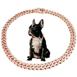 Rose Gold Cuban Link Dog Collar,Bling Dog Chain Collar for Small Dogs Necklace Metal Crystal Sparkly Diamond Rhinestone Puppy Cats Chain Collars for Small Medium Large Gilrs Female Boys,10 inch