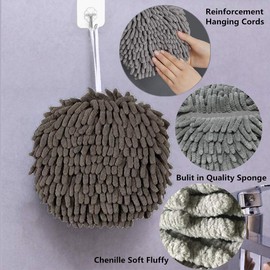 Zapikic Chenille Hand Towels for Bathroom Soft Fuzzy Ball Towel Quick Dry Hand Bath Hanging Hand Towel with Loop Absorbent Kitchen (Grey+Grey)