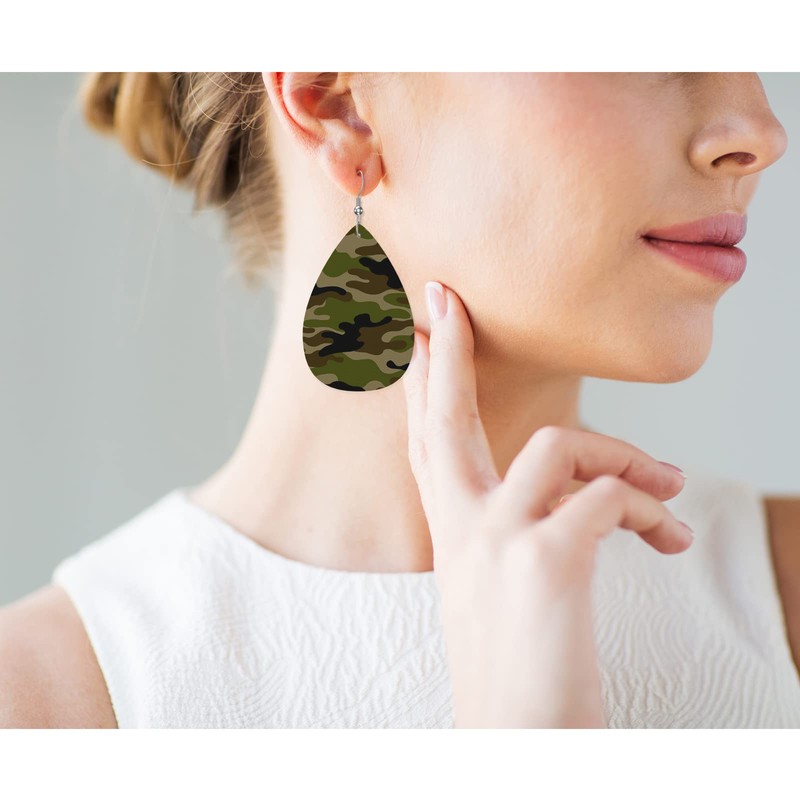 Vosach Green Camouflage Leather Teardrop Earrings For Women Retro Classical