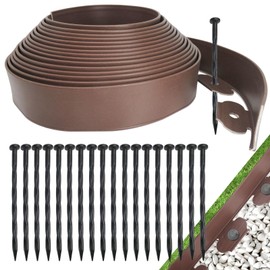 Landscape Edging Border No Dig, Plastic Edging for Landscaping, Garden Edging Border,Lawn Edging,Garden Borders,Flower Bed Edging,Rubberific Landscape Edging, (Plastic Stakes, Brown-100Feet)