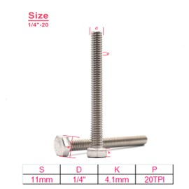 cSeao 10pcs 1/4-20 x 5 100mm Hex Head Bolts Joint Connector Screws, Full Thread, Plain Finish, F593C 18-8 304 Stainless Steel