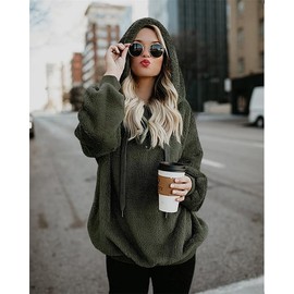 BETTE BOUTIK Womens Oversized Warm Double Fuzzy Hoodies Casual Loose Pullover Hooded Sweatshirt Outwear Green XL