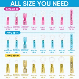 TICONN 160Pcs Heat Shrink Wire Connectors, Waterproof Automotive Marine Electrical Terminals Kit, Crimp Connector Assortment, Ring Fork Spade Butt Splices